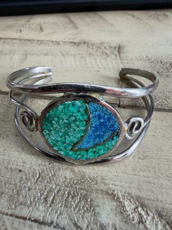 alpaca Jewelry - Vintage Alpaca Silver Turquoise & Lapis Inlay Adjustable Cuff Bracelet 6" Signed